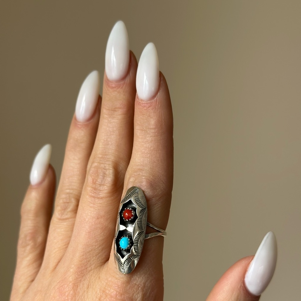 Sterling silver + turquoise + coral ring